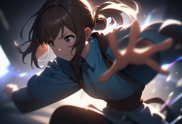 She is a cute girl with a rich expression and brown hair tied in a ponytail. Action poses, anime heroes, and dynamic lighting.