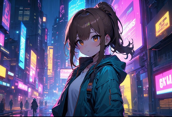 She is a cute girl with expressive big brown eyes and brown hair tied in a ponytail.Cyberpunk city, neon lights, rainy night