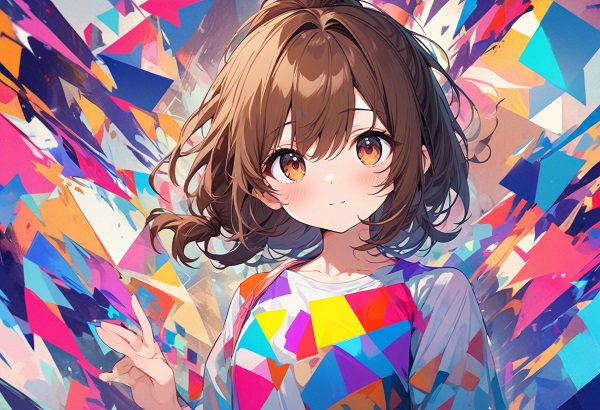 She is a cute girl with expressive big brown eyes and brown hair tied in a ponytail.Abstract painting, colorful geometric patterns