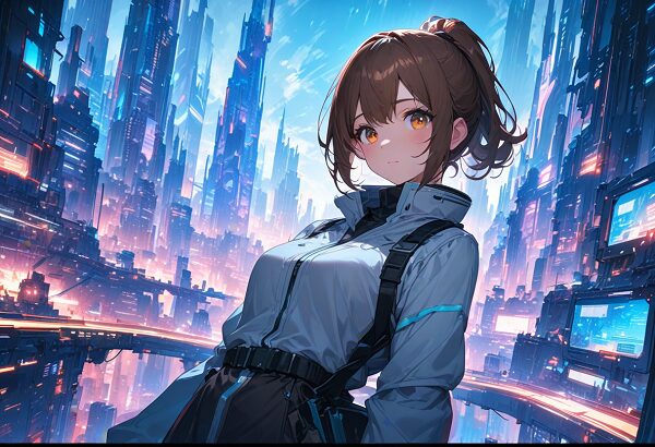 She is a cute girl with expressive big brown eyes and brown hair tied in a ponytail. Sci-fi cityscape, futuristic digital painting