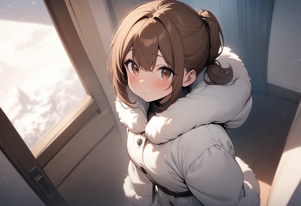 She is a cute girl with expressive big brown eyes and brown hair tied in a ponytail. standing. Fluffy white winter coat.