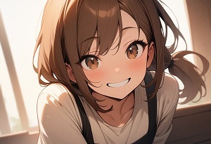 A girl grinning mischievously, head tilted slightly
