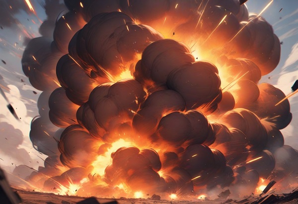 A massive explosion covering the battlefield, with sparks and smoke rising