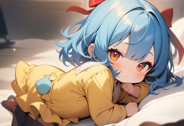 A cute chibi girl with blue hair, red ribbon, and yellow dress