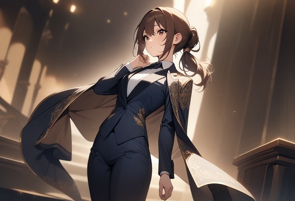 She is a cute girl with expressive big brown eyes and brown hair tied in a ponytail. standing. Dark blue tuxedo design with gold embroidery on the shoulders.