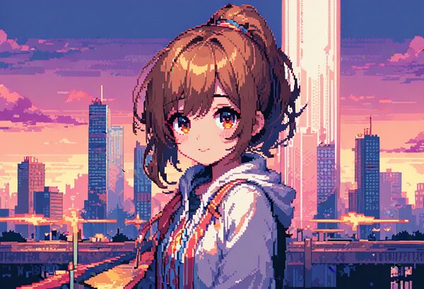 She is a cute girl with expressive big brown eyes and brown hair tied in a ponytail. Pixel art,Pixelated cityscape, vibrant colors