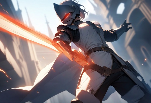 A knight seen from a low angle, swinging a glowing sword