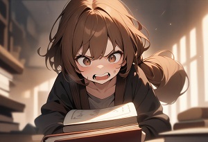 A girl slamming a book shut with an angry face