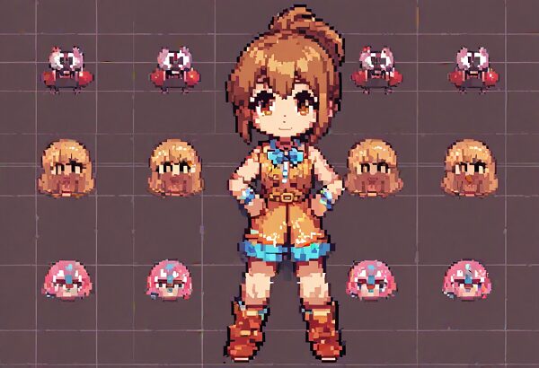 She is a cute girl with expressive big brown eyes and brown hair tied in a ponytail. Pixel art, 16x16 grid, retro game characters