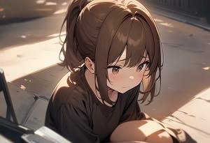 A girl sitting alone, gazing at the ground with a sad expression