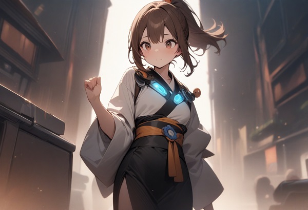 She is a cute girl with expressive big brown eyes and brown hair tied in a ponytail. standing. Japanese kimono-style dress with futuristic accessories.