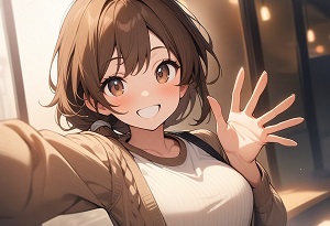 A girl waving happily with a wide smile
