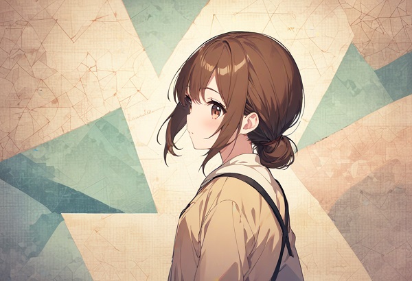 She is a cute anime girl with expressive big brown eyes and brown hair tied in a ponytail. Mathematics background. I made the landscape I imagined into a geometric pattern.