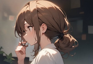 A girl twirling her hair, eyes wandering in thought