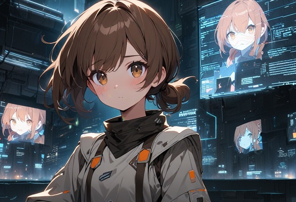 She is a cute girl with expressive big brown eyes and brown hair tied in a ponytail.Dystopian future, holographic projections