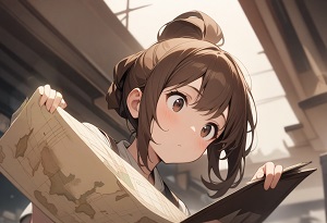 A girl holding a map upside down, looking lost