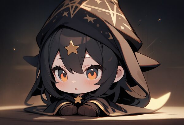 A chibi wizard girl with a black robe and star-patterned hat