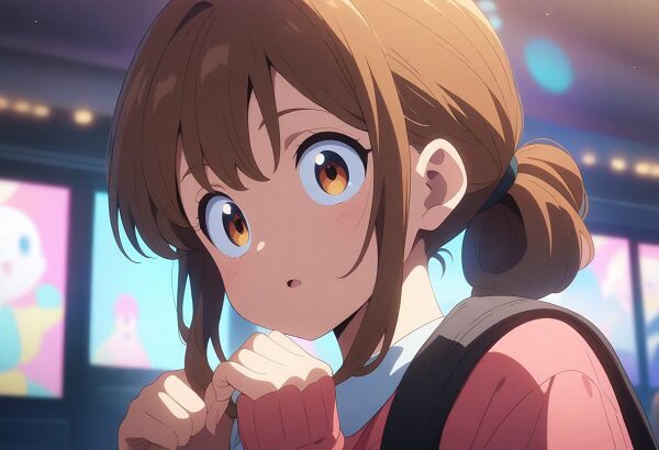 She is expressive. ponytail. brown hair. pretty girl. Anime style, bright colors, big eyes