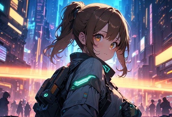 She is a cute girl with expressive big brown eyes and brown hair tied in a ponytail.Cyberpunk city, Sci-fi character, robotic arms, glowing effects