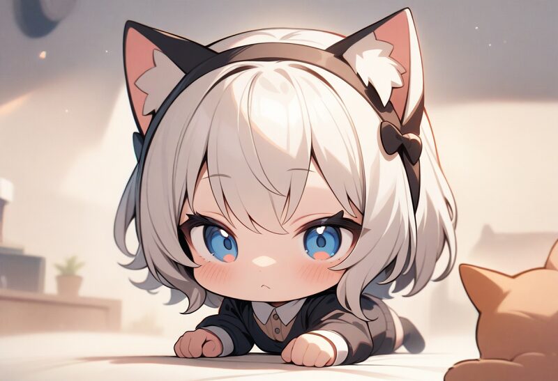 "A chibi girl with a cat ear headband"