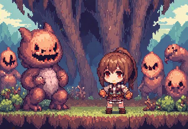 She is a cute girl with expressive big brown eyes and brown hair tied in a ponytail. Pixel art,Pixel RPG scene, hero and monsters