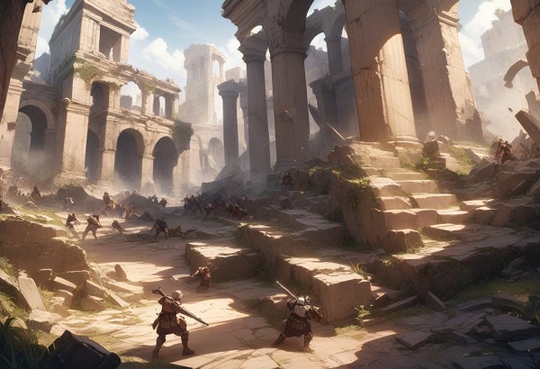 A battle taking place in ancient ruins, with crumbling columns