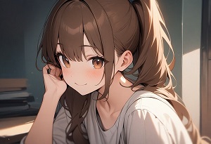 A girl smiling shyly while tucking her hair behind her ear
