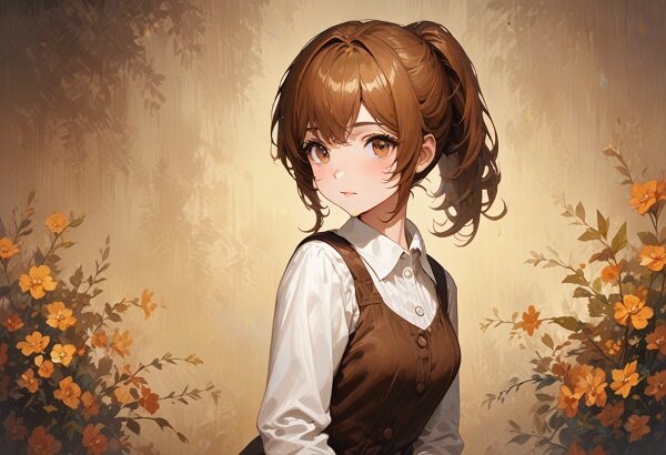 She is a cute anime girl with expressive big brown eyes and brown hair tied in a ponytail. oil painting, rich texture, classic style,