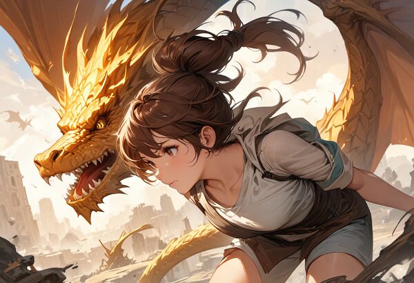 She is a cute girl with expressive big brown eyes and brown hair tied in a ponytail. Epic digital painting, hero and dragon