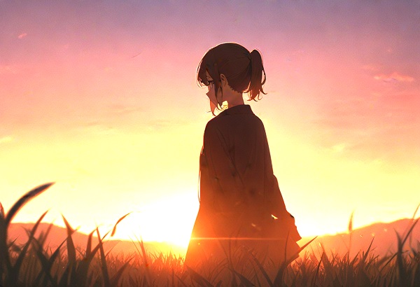 A wide-open meadow at sunset, a single silhouette of a young woman facing towards the horizon, cinematic composition, soft warm lighting