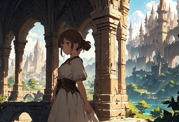 High-fantasy castle landscape, detailed, intricate architecture, bright sunlight, anime-style shading