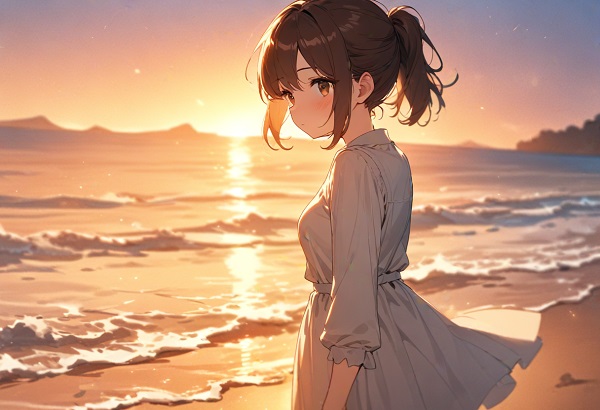 An evening beach with soft orange twilight glow, subtle shadows, slightly blurred horizon line, warm and dreamy atmosphere